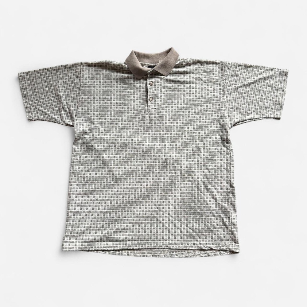 Vintage Expressions white and green checkered polyco blend polo shirt L